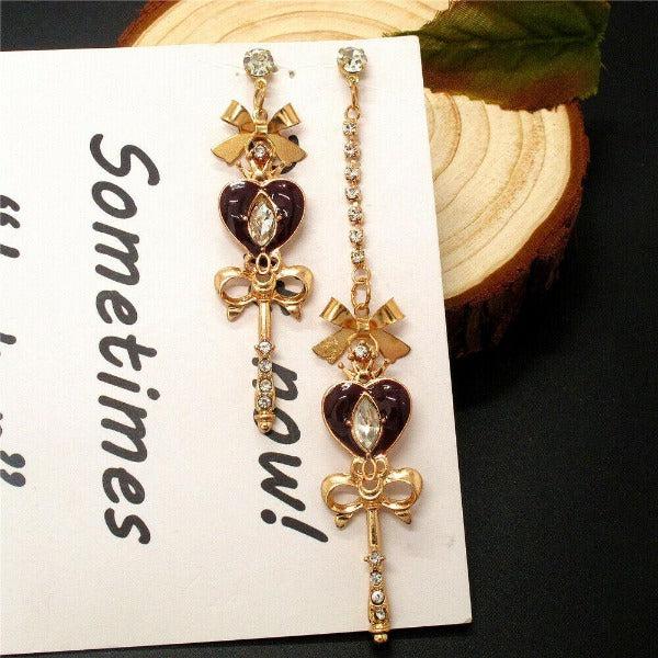 Betsey Johnson Heart Scepter Bow Mismatch Crystal Earrings-Earring-SPARKLE ARMAND