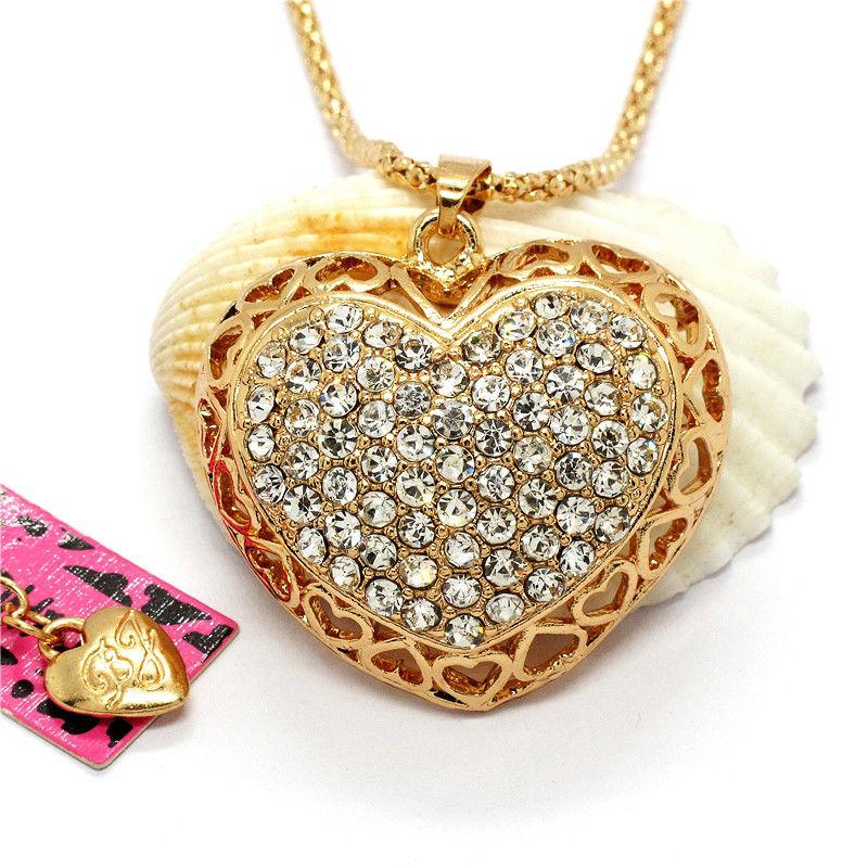 Betsey Johnson Heart White Crystals Gold Pendant Necklace-Necklace-SPARKLE ARMAND