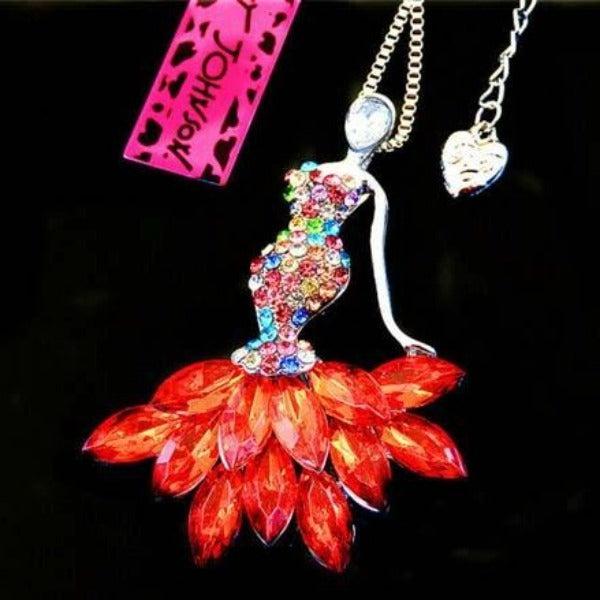 Betsey Johnson Lady Woman In Dress Red Crystal Necklace-Necklace-SPARKLE ARMAND