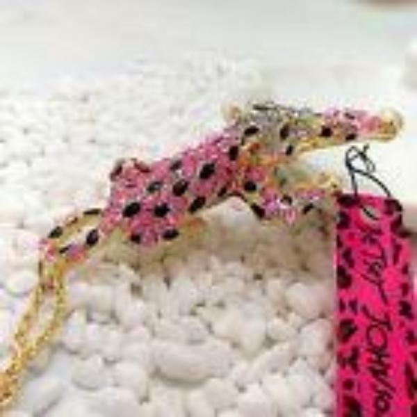 Betsey Johnson Leopard Cheetah Pink & Black Crystal Gold Necklace-Necklace-SPARKLE ARMAND