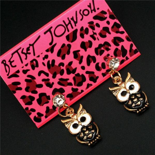 Betsey Johnson Owl Black Rhinestone Gold Earrings-Earring-SPARKLE ARMAND