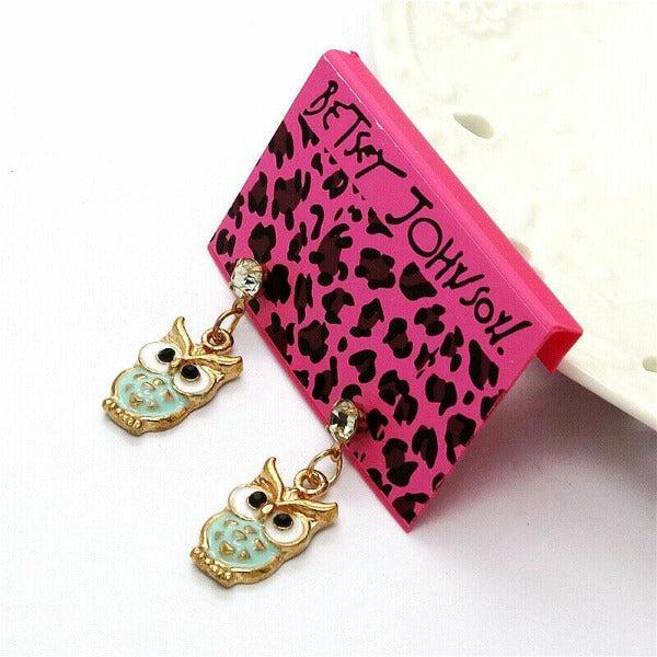 Betsey Johnson Owl Blue Enamel Rhinestone Earrings-Earring-SPARKLE ARMAND