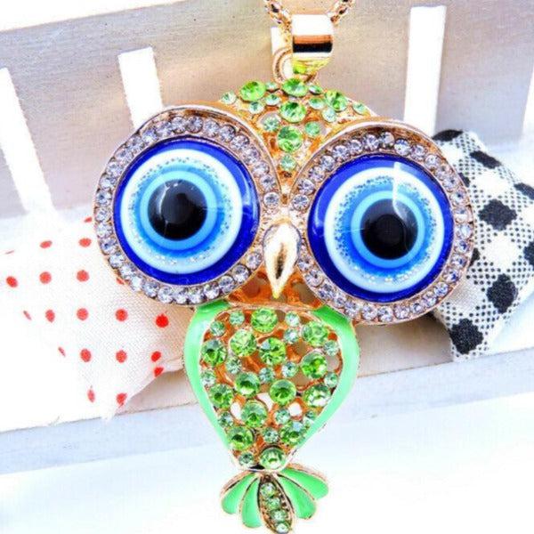 Betsey Johnson Owl Green Crystal Rhinestones Gold Necklace-Necklace-SPARKLE ARMAND