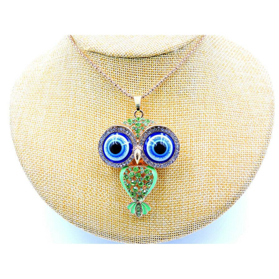 Betsey Johnson Owl Green Crystal Rhinestones Gold Necklace-Necklace-SPARKLE ARMAND