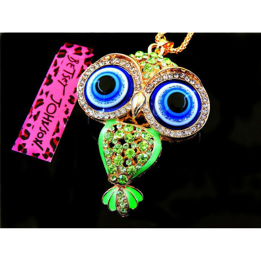 Betsey Johnson Owl Green Crystal Rhinestones Gold Necklace-Necklace-SPARKLE ARMAND