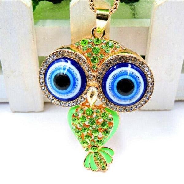 Betsey Johnson Owl Green Crystal Rhinestones Gold Necklace-Necklace-SPARKLE ARMAND