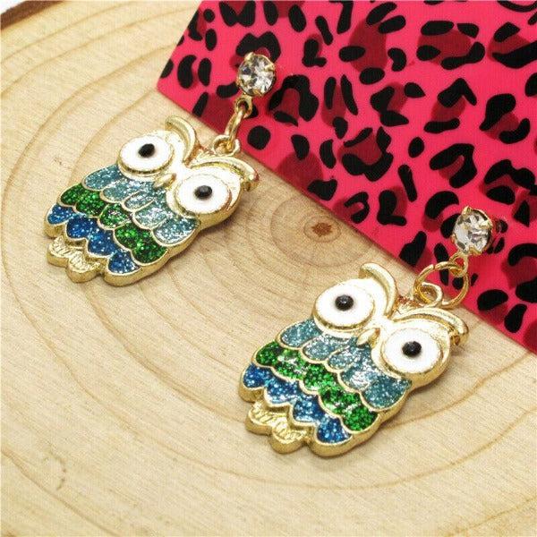 Betsey Johnson Owl Green Enamel Rhinestone Gold Earrings-Earring-SPARKLE ARMAND