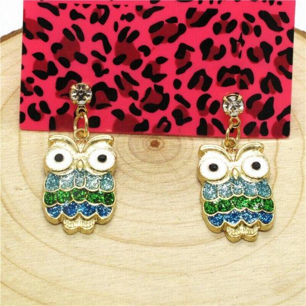 Betsey Johnson Owl Green Enamel Rhinestone Gold Earrings-Earring-SPARKLE ARMAND