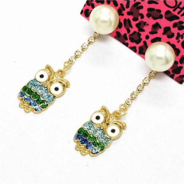 Betsey Johnson Owl Green Rhinestone Faux Pearl Gold Earrings-Earring-SPARKLE ARMAND