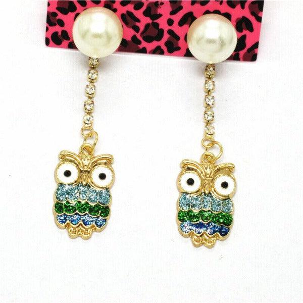 Betsey Johnson Owl Green Rhinestone Faux Pearl Gold Earrings-Earring-SPARKLE ARMAND