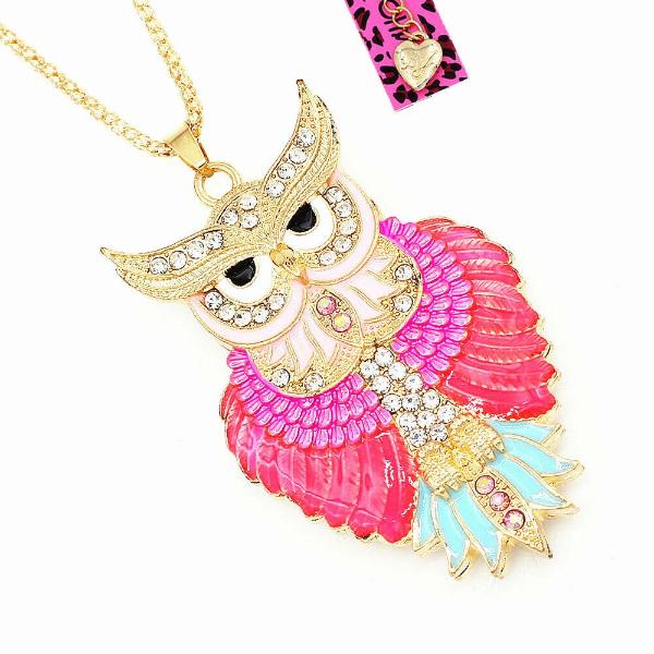 Betsey Johnson Owl Pink Enamel Crystal Eyes Gold Necklace-Necklace-SPARKLE ARMAND
