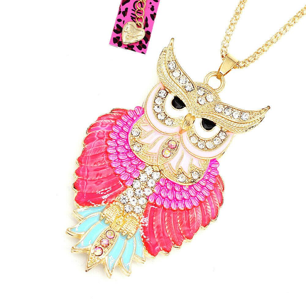 Betsey Johnson Owl Pink Enamel Crystal Eyes Gold Necklace-Necklace-SPARKLE ARMAND