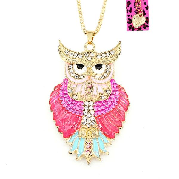 Betsey Johnson Owl Pink Enamel Crystal Eyes Gold Necklace-Necklace-SPARKLE ARMAND
