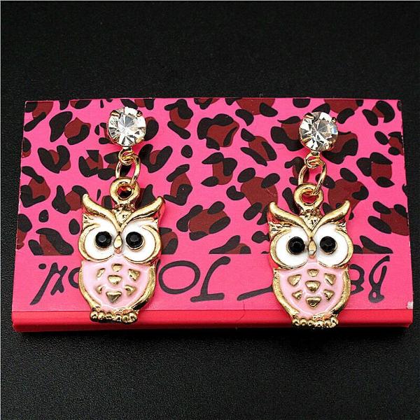 Betsey Johnson Owl Pink Enamel Rhinestone Earrings-Earring-SPARKLE ARMAND