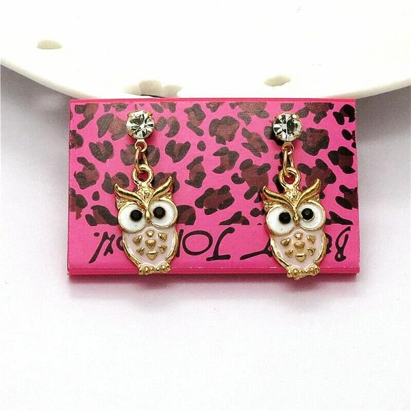 Betsey Johnson Owl Pink Enamel Rhinestone Earrings-Earring-SPARKLE ARMAND