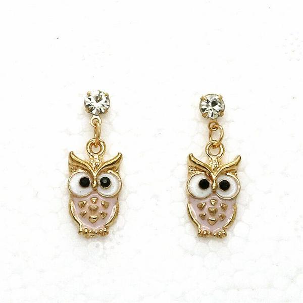 Betsey Johnson Owl Pink Enamel Rhinestone Earrings-Earring-SPARKLE ARMAND