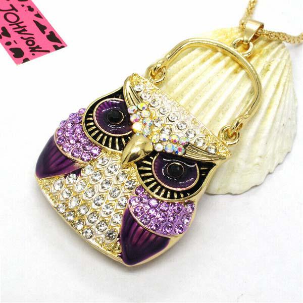 Betsey Johnson Owl Purse Purple Rhinestones Crystal Eyes Gold Necklace-Necklace-SPARKLE ARMAND