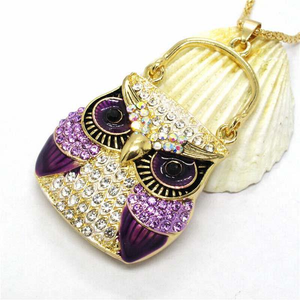 Betsey Johnson Owl Purse Purple Rhinestones Crystal Eyes Gold Necklace-Necklace-SPARKLE ARMAND