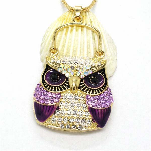 Betsey Johnson Owl Purse Purple Rhinestones Crystal Eyes Gold Necklace-Necklace-SPARKLE ARMAND