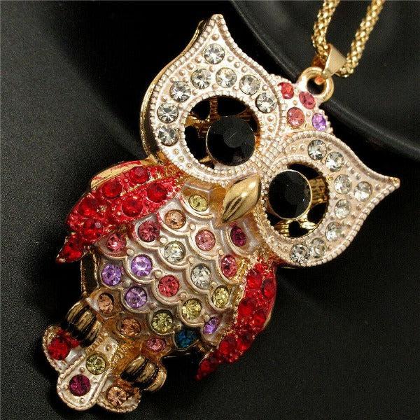 Betsey Johnson Owl Red Rhinestones Crystal Eyes Gold Necklace-Necklace-SPARKLE ARMAND