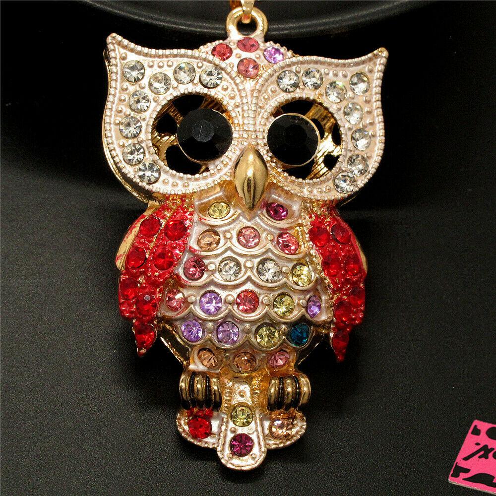 Betsey Johnson Owl Red Rhinestones Crystal Eyes Gold Necklace-Necklace-SPARKLE ARMAND