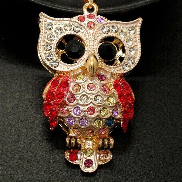 Betsey Johnson Owl Red Rhinestones Crystal Eyes Gold Necklace-Necklace-SPARKLE ARMAND