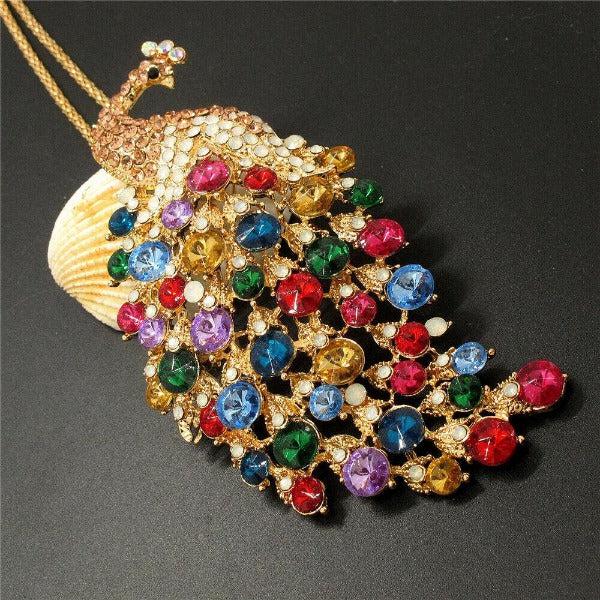 Betsey Johnson Peacock Multi-Color Rhinestone Gold Pendant Necklace-Necklace-SPARKLE ARMAND