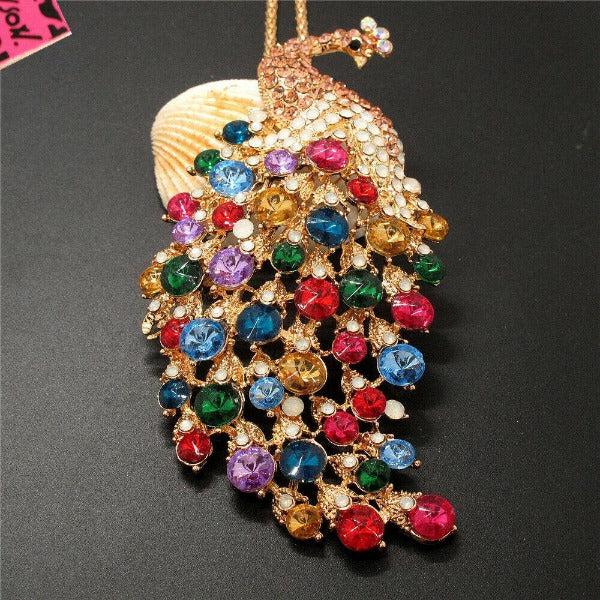 Betsey Johnson Peacock Multi-Color Rhinestone Gold Pendant Necklace-Necklace-SPARKLE ARMAND