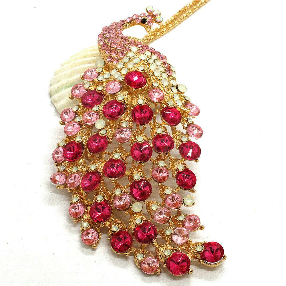 Betsey Johnson Peacock Pink Rhinestone Gold Pendant Necklace-Necklace-SPARKLE ARMAND