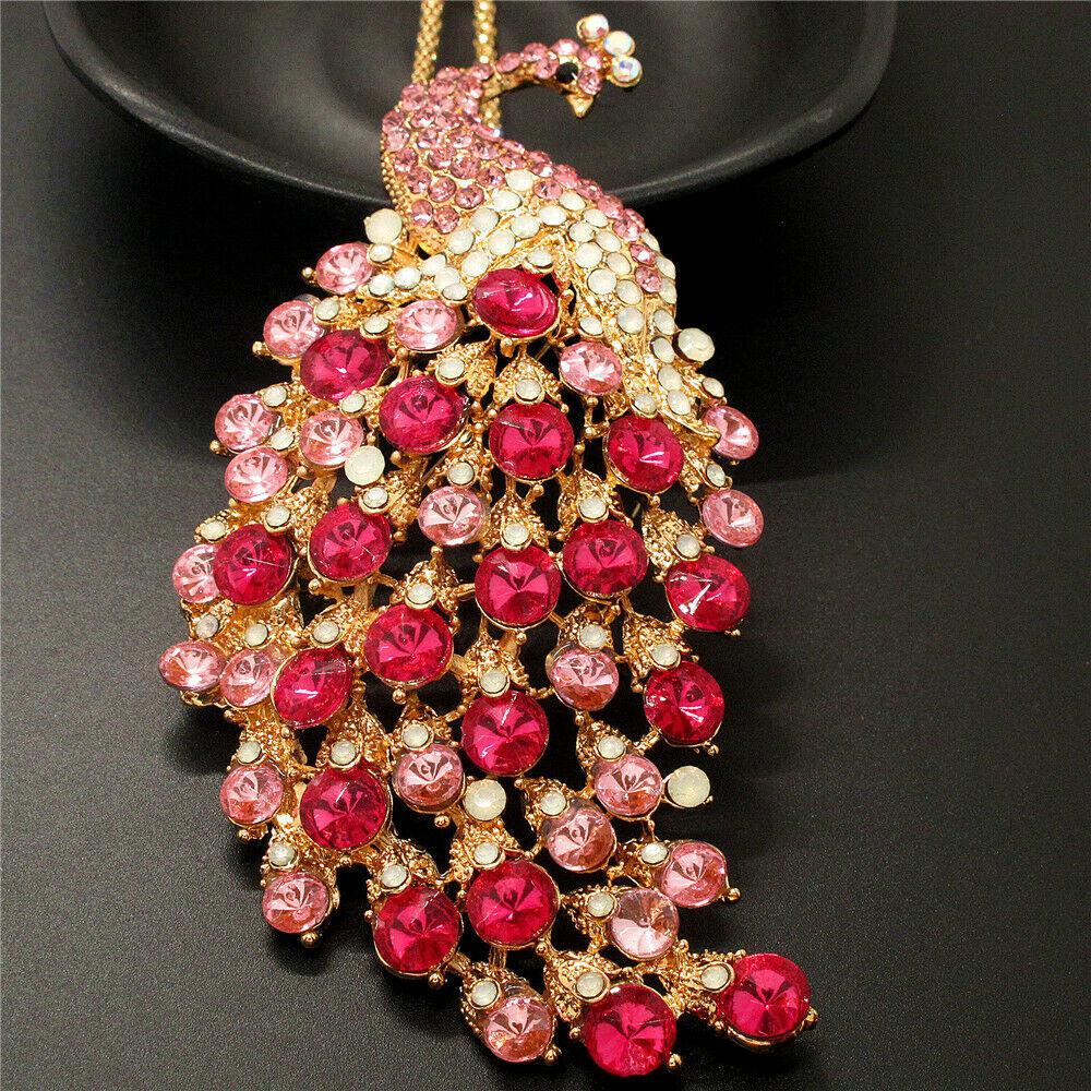 Betsey Johnson Peacock Pink Rhinestone Gold Pendant Necklace-Necklace-SPARKLE ARMAND