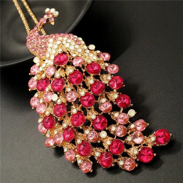 Betsey Johnson Peacock Pink Rhinestone Gold Pendant Necklace-Necklace-SPARKLE ARMAND