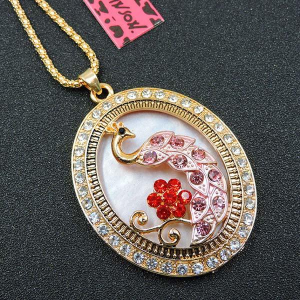 Betsey Johnson Peacock in Frame Pink Rhinestone Gold Pendant Necklace-Necklace-SPARKLE ARMAND
