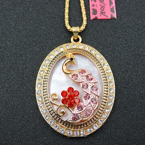 Betsey Johnson Peacock in Frame Pink Rhinestone Gold Pendant Necklace-Necklace-SPARKLE ARMAND