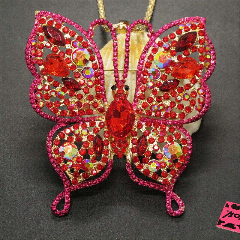 Betsey Johnson Pink Butterfly Rhinestone Large Gold Necklace – SPARKLE ...