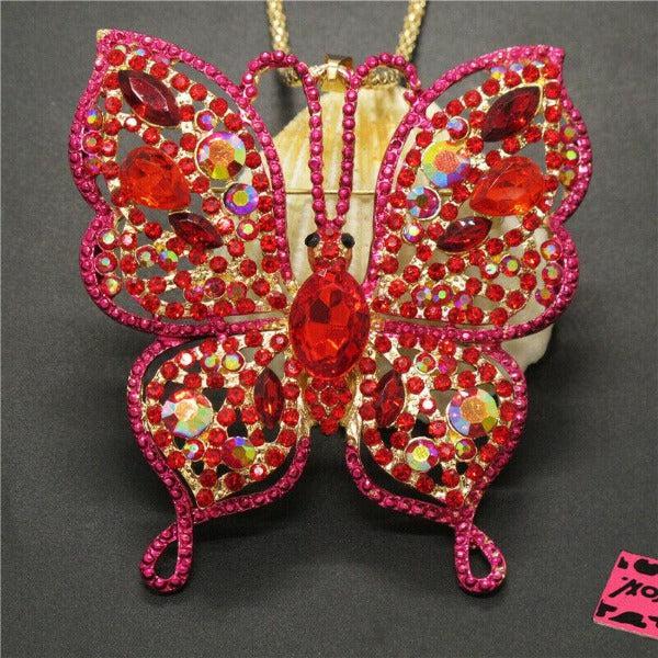 Betsey Johnson Pink Butterfly Rhinestone Large Gold Necklace-Necklace-SPARKLE ARMAND