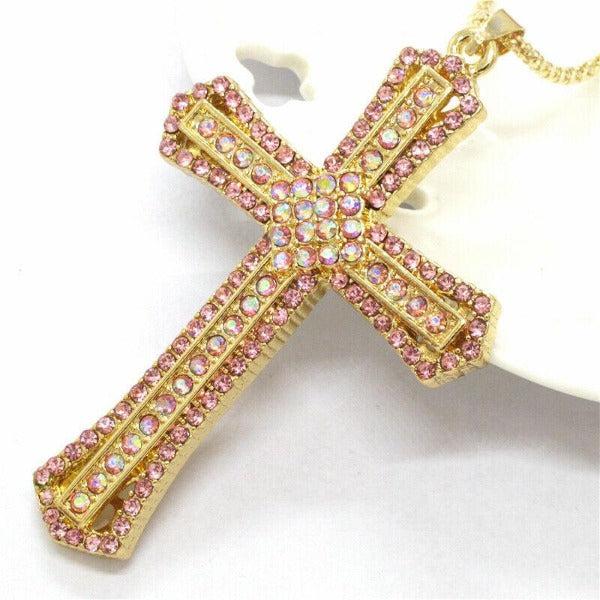 Betsey Johnson Pink Cross Crystal Gold Pendant Necklace-Necklace-SPARKLE ARMAND