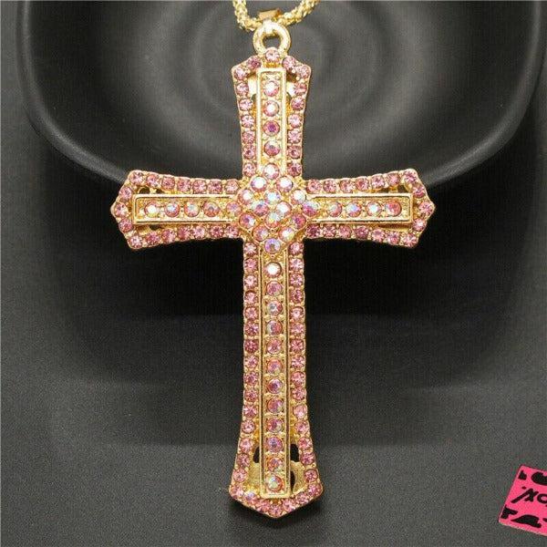 Betsey Johnson Pink Cross Crystal Gold Pendant Necklace-Necklace-SPARKLE ARMAND