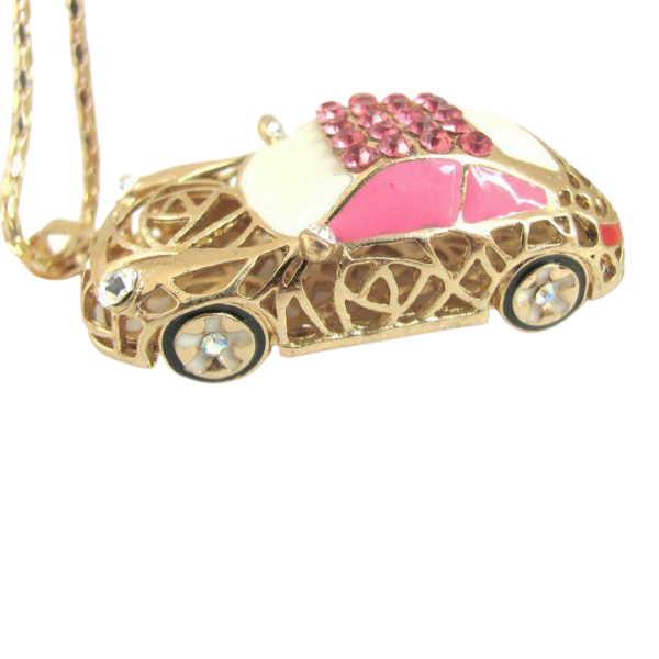 Betsey Johnson Pink Enamel Car Rhinestone Pendant Necklace-Necklace-SPARKLE ARMAND