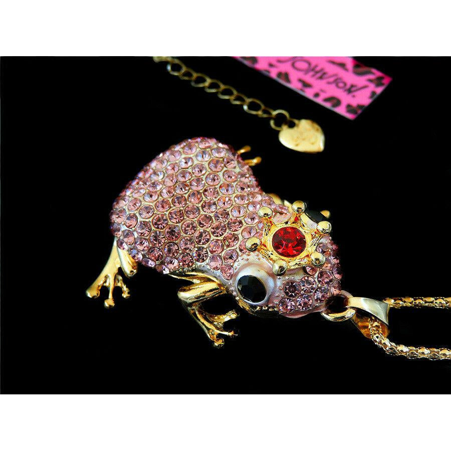 Betsey Johnson Pink Frog Crystal Red Jewel Crown Pendant Necklace-Necklace-SPARKLE ARMAND