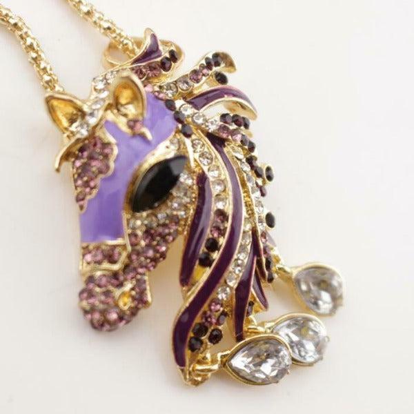 Betsey Johnson Purple Horse Head Crystal Rhinestone Gold Necklace-Necklace-SPARKLE ARMAND