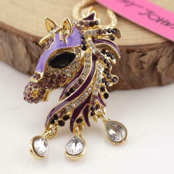 Betsey Johnson Purple Horse Head Crystal Rhinestone Gold Necklace-Necklace-SPARKLE ARMAND