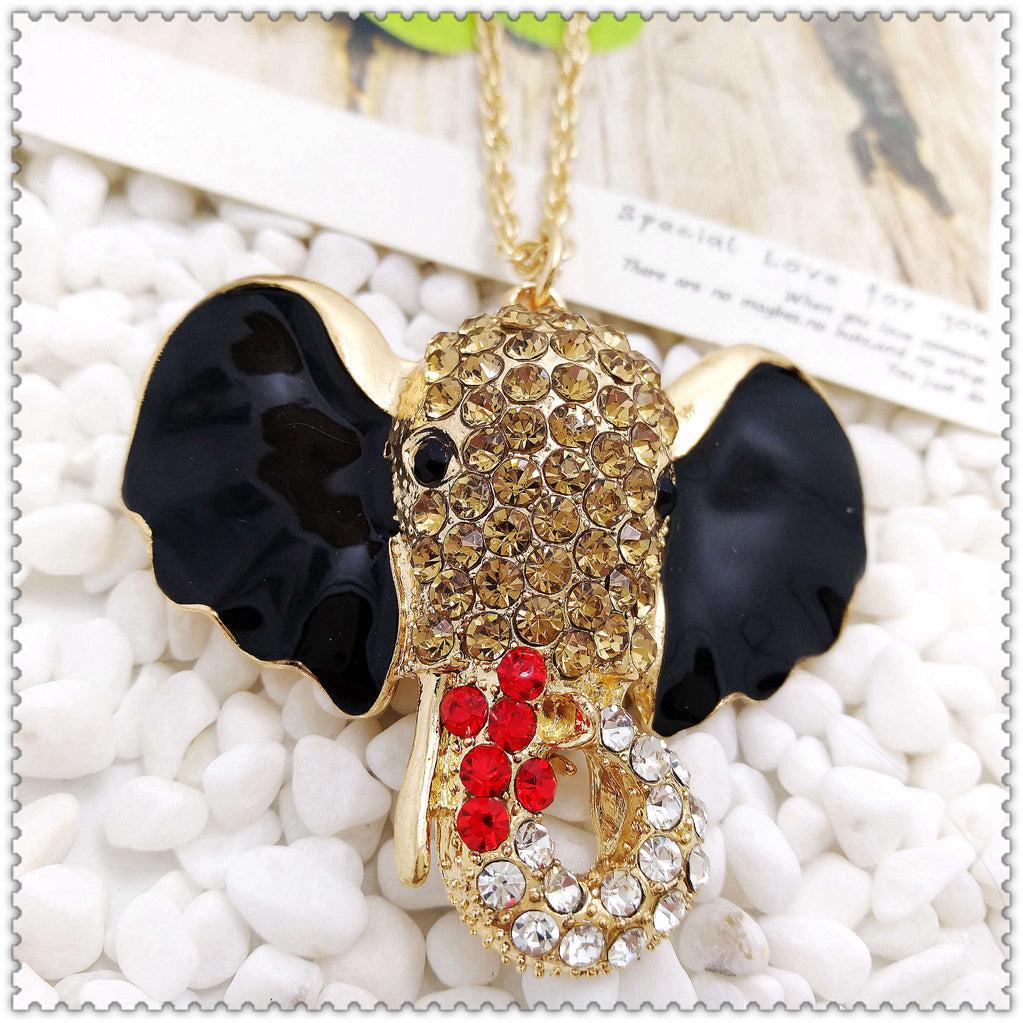 Betsey Johnson Red & Black Elephant Inlay Rhinestone Gold Necklace-Necklace-SPARKLE ARMAND
