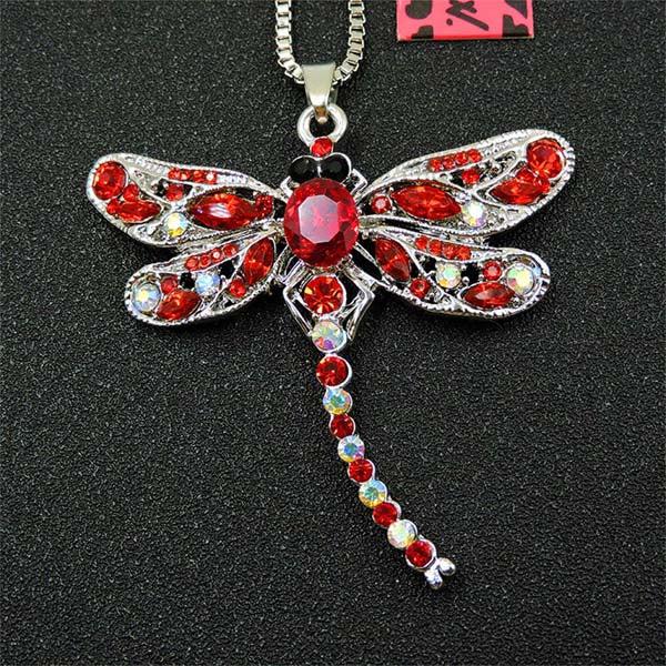 Betsey Johnson Red Dragonfly Clear Crystal Silver Necklace-Necklace-SPARKLE ARMAND