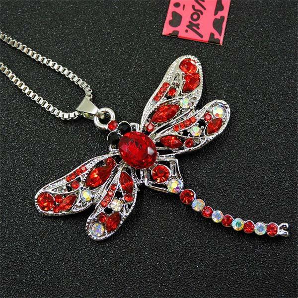 Betsey Johnson Red Dragonfly Clear Crystal Silver Necklace-Necklace-SPARKLE ARMAND