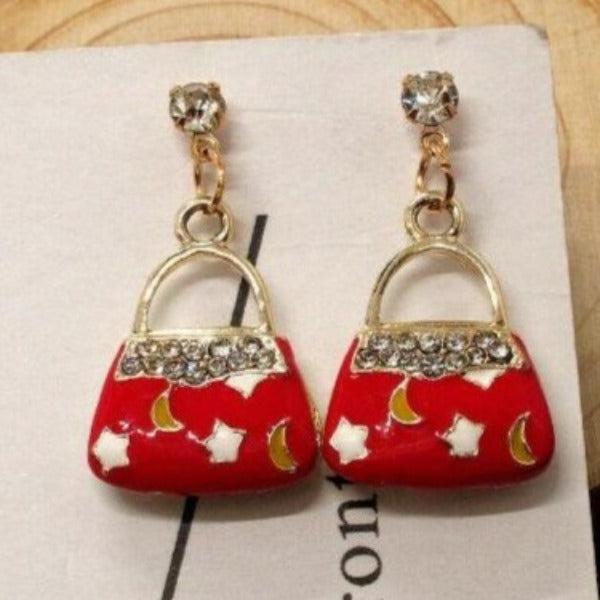 Betsey Johnson Red Enamel Purse Stars & Moon Earrings-Earring-SPARKLE ARMAND