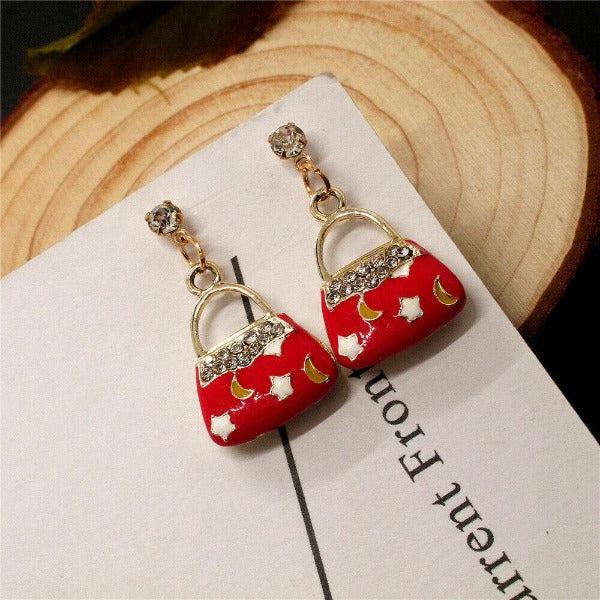 Betsey Johnson Red Enamel Purse Stars & Moon Earrings-Earring-SPARKLE ARMAND