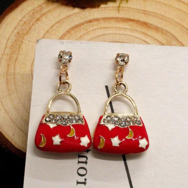 Betsey Johnson Red Enamel Purse Stars & Moon Earrings-Earring-SPARKLE ARMAND