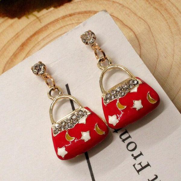 Betsey Johnson Red Enamel Purse Stars & Moon Earrings-Earring-SPARKLE ARMAND