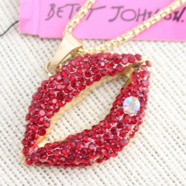 Betsey Johnson Red Rhinestone Lips Gold Necklace-Necklace-SPARKLE ARMAND