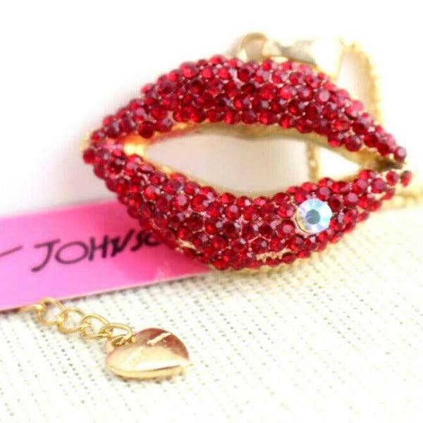 Betsey Johnson Red Rhinestone Lips Gold Necklace-Necklace-SPARKLE ARMAND